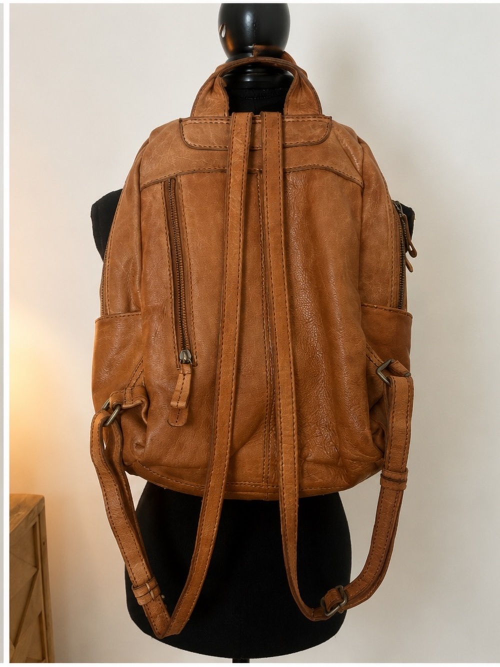 ZOA Genuine Leather Woven Backpack Cognac Brown Studded Boho Bag - Picture 3 of 16